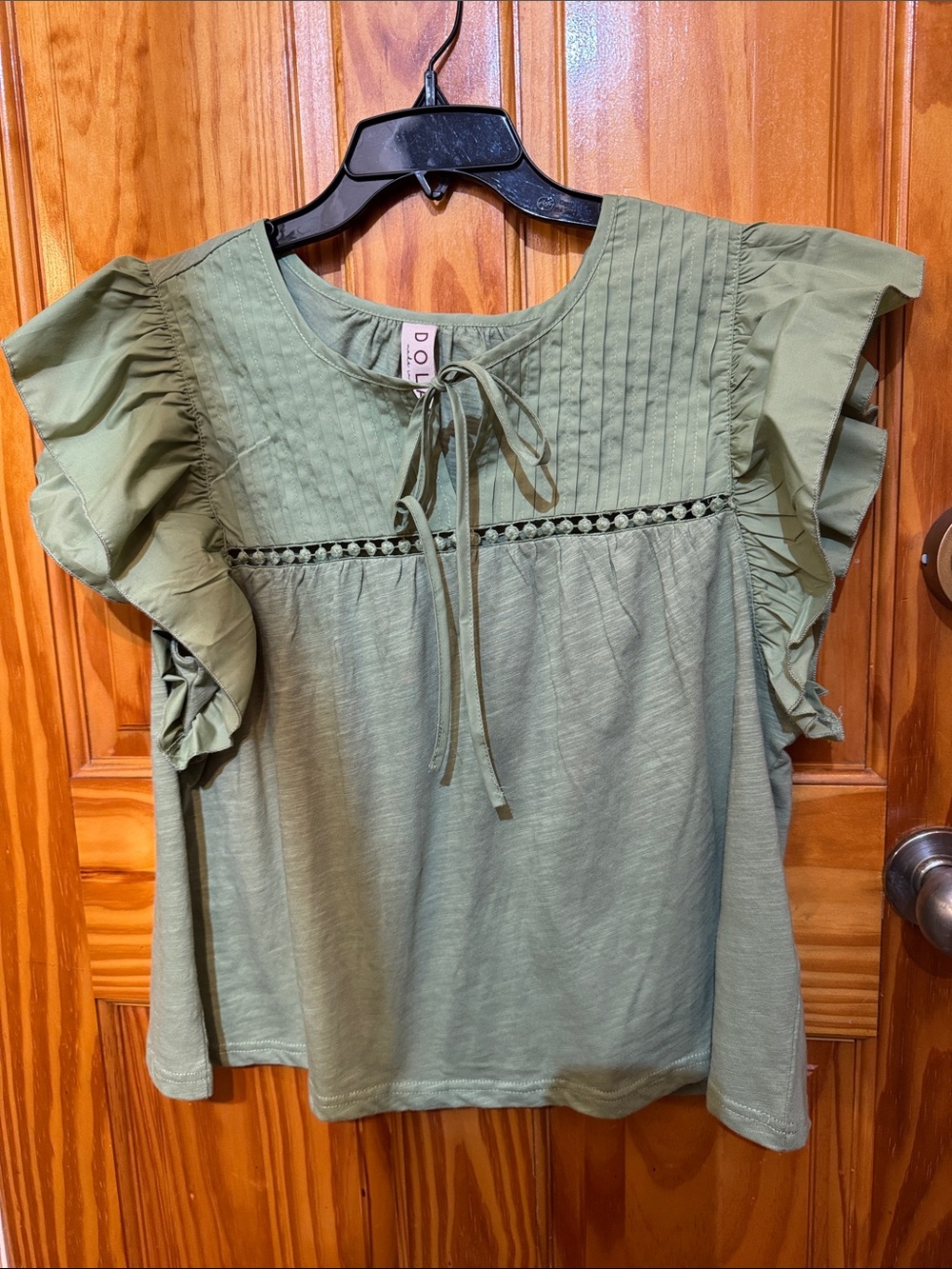 dolan Olive Ruffle Sleeve Pintuck Yoke Blouse
